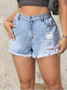 SHEIN Light Blue Distressed Frayed High-Waist Denim Shorts 0XL Curve